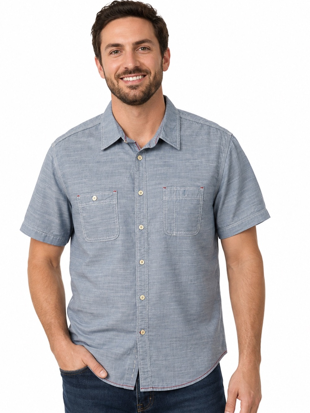 Vintage Italia 100%Cotton Short-Sleeve Button-Down Shirt Neutral Casual Sz L